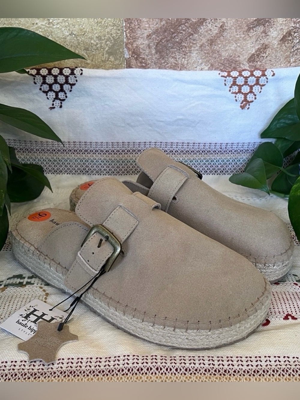 NEW Haute Hippie Aria 100% Suede Buckle Espadrille Tan Slip-On Mule Clogs US 9.5